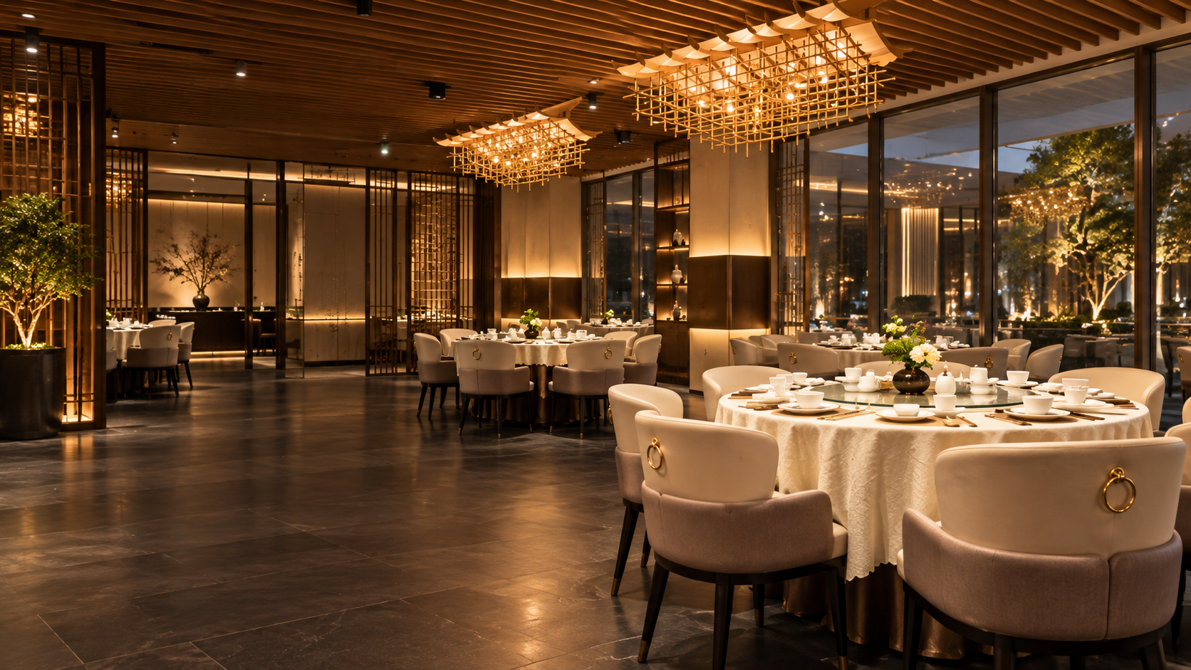 The warm and elegant dining room at Shaang Cuisine