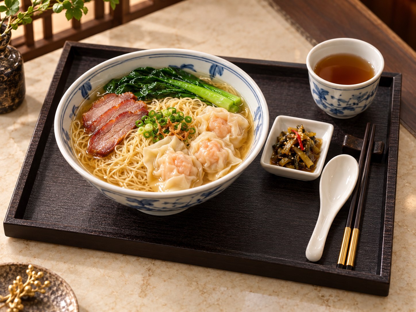 Pork broth La Mian lunch set with shrimp and pork wontons