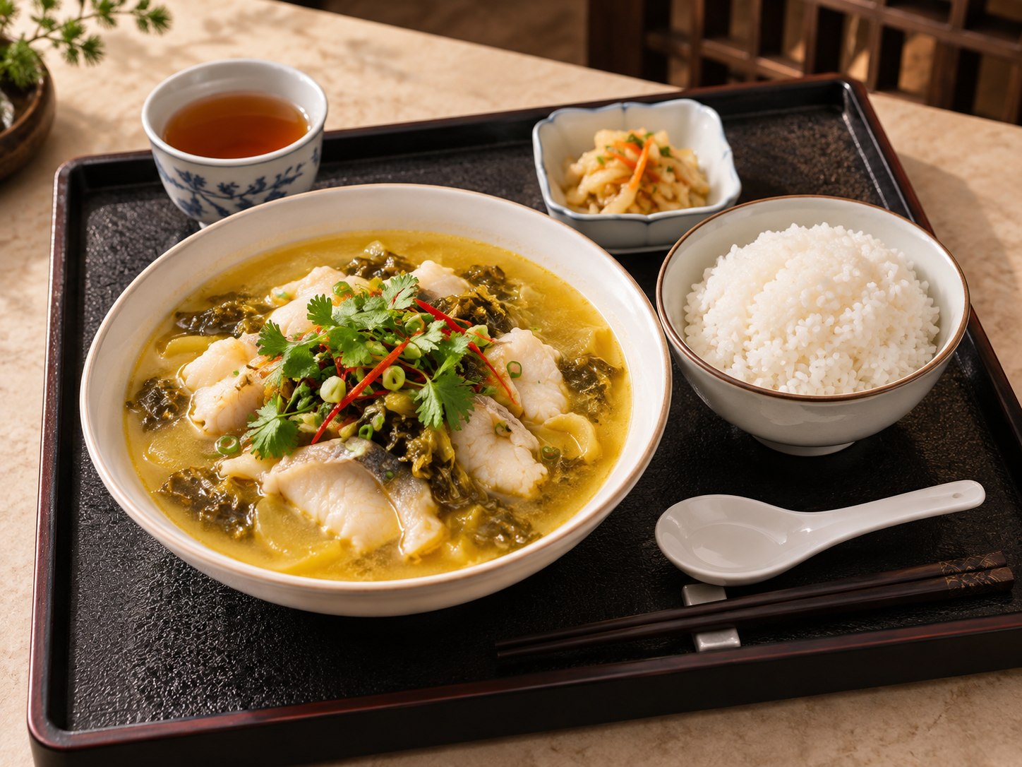 Golden hot and sour fish slice lunch set served with steamed rice