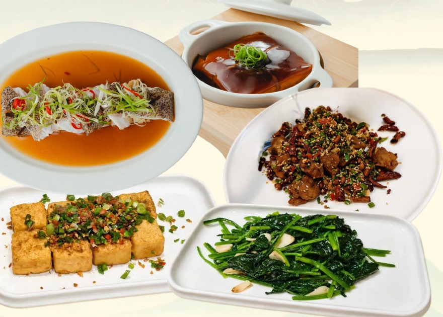 Shaang Cuisine Signature Set B with tofu, Dongpo pork, steamed grouper, spicy chicken and vegetables