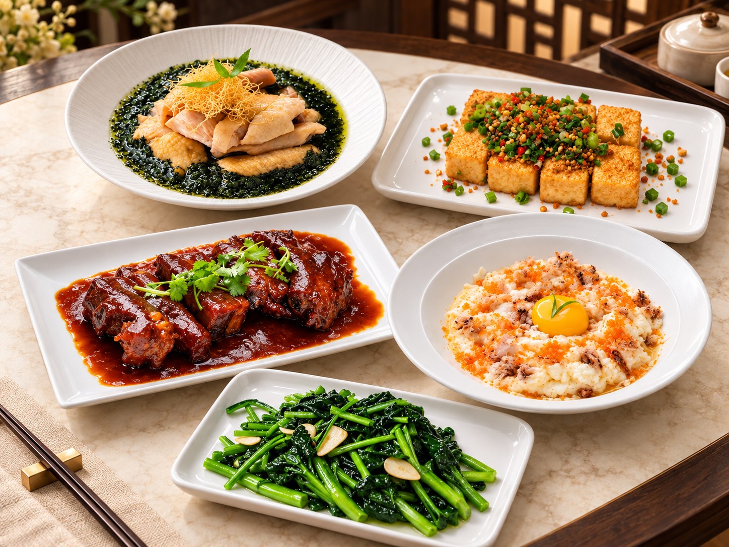 PRO5A Signature Sharing Feast with Kampung chicken, tofu, honey barbecue pork ribs, scrambled egg white and vegetables