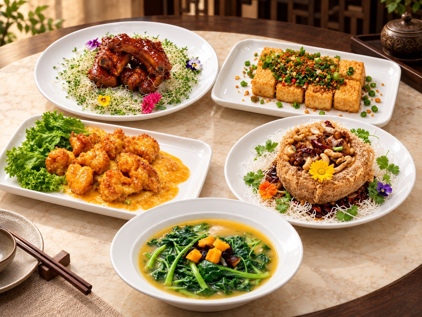 PRO5B Signature Sharing Feast with Wuxi pork ribs, tofu, salted egg shrimp, yam basket chicken and spinach