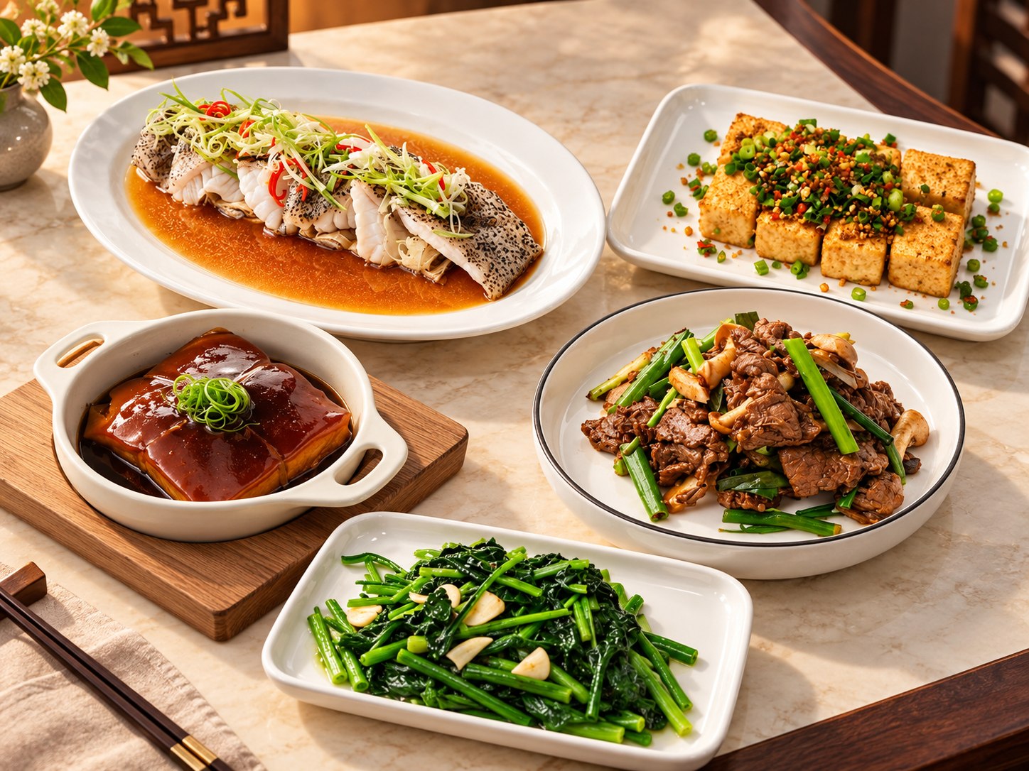 PRO5C Signature Sharing Feast with steamed grouper, tofu, Dongpo pork, beef tenderloin and vegetables